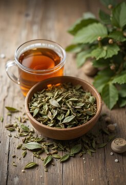 Warm herbal tea with fresh leaves and spices on a rustic wooden table. banaba