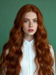 Fototapeta premium Portrait of a beautiful ginger girl with freckles and long wavy hair