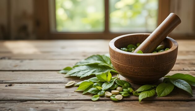 Traditional herbal mortar and pestle with fresh green leaves and seeds on wooden table. banaba