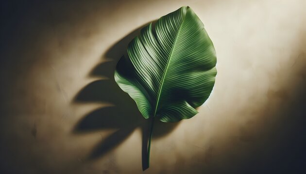 Single large, vibrant green tropical leaf with prominent veins, casting a dramatic shadow on a textured wall
