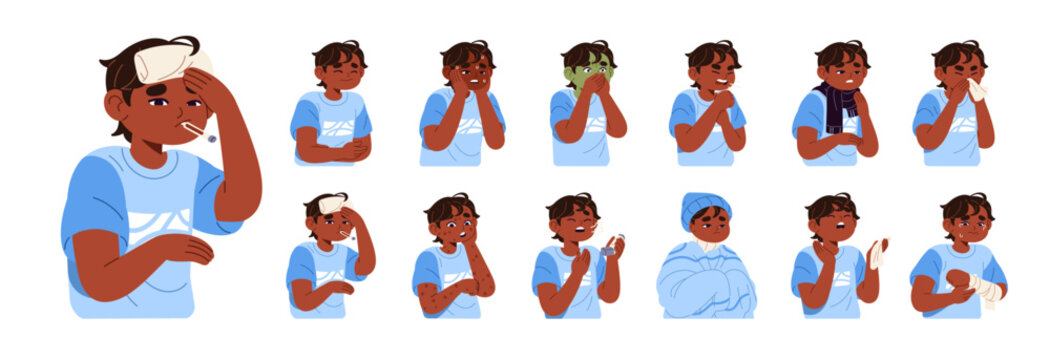 Little boy is sick set. Ill kid feels bad, coughs, sneezes and vomits. Child has cold and fever, symptoms of flu, influenza, disease, chickenpox. Flat isolated vector illustrations on white background