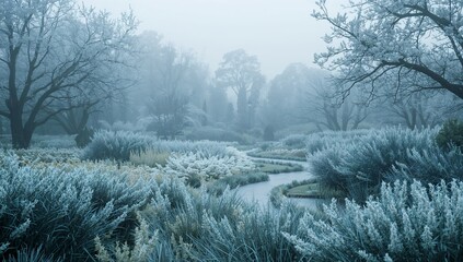 Obraz premium Winter Landscape With Frosty Trees and a Winding Stream in a Garden During Morning Fog