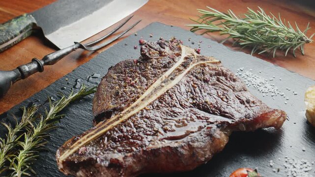 T-bone steak with herbs and garlic on the serving slate board close-up. Top view.