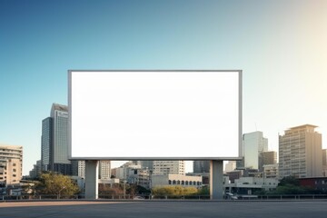 Blank white billboard standing against a cityscape with clear sky, offering advertising space