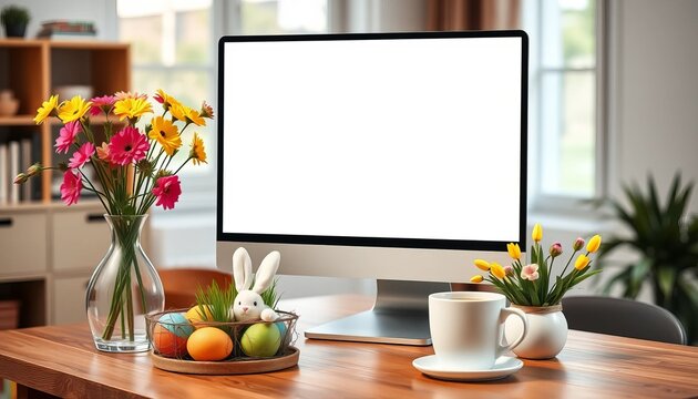 A computer monitor with a blank screen sits on a desk with Easter decorations and flowers in a home office