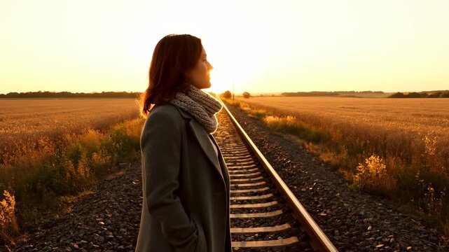 Woman stands on railway track at sunset. She faces glowing sun over field. Long rails lead toward horizon in countryside. Scarf and coat show cool weather. Quiet mood evokes thought and solitude.