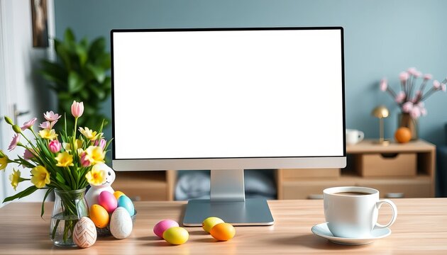 A computer monitor with a blank screen on a desk surrounded by Easter decorations and a cup of coffee