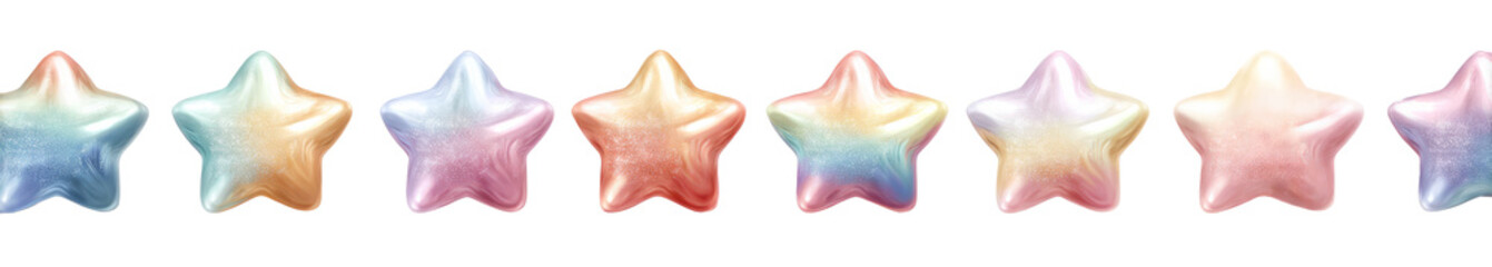 Colorful Rainbow Star Shaped Candies in a Row on White Background