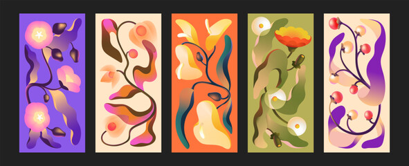 Fototapeta premium Flowers with abstract berries set in gradient style. Different posters with twisted wildflowers, physalis, dandelion, lilly. Plants with crooked leaves and branches. Flat vector illustrations