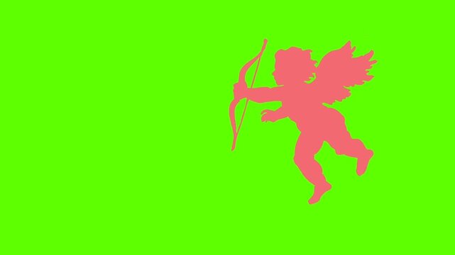 Pink silhouette of Cupid aiming a bow and arrow, green screen background video. Valentine s Day symbol. Cupid Angel motion Graphic Chroma Key.