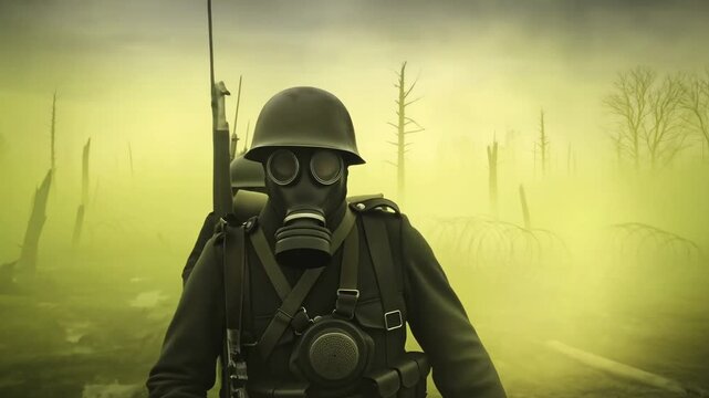Men in gas masks with rifles marching through yellow gas in a devastated WWI battlefield.