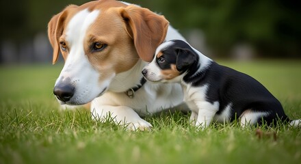 Beagle and Puppy Lying Together in Grass.