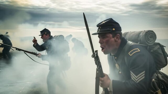 Male american civil war soldier in union uniform holding rifle with bayonet yells in smoky battlefield with fellow troops.