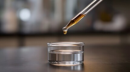 Naklejka premium A dropper releases a drop of amber liquid into a clear solution in a laboratory setting