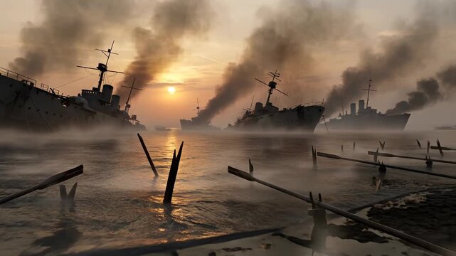 Military ships burning and sinking in sea with smoke at sunrise. Historical naval battle aftermath for Memorial Day.