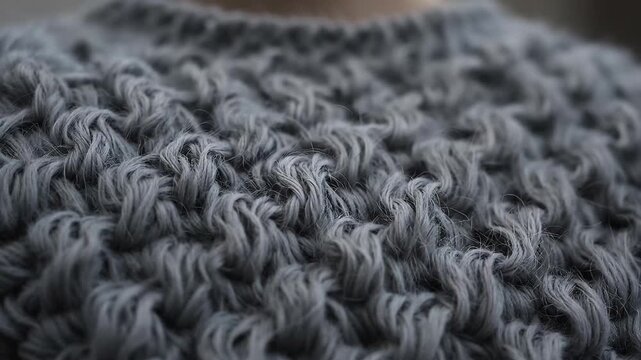 Handmade wool sweater shows detailed knitting pattern close up in natural light
