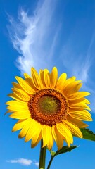 Obraz premium Close-up of a bright yellow flower with green stem against vibrant blue sky and wispy clouds