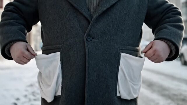 Caucasian man showing empty pockets in winter. Financial crisis, poverty, lack of money, unemployment concept for economic hardship.