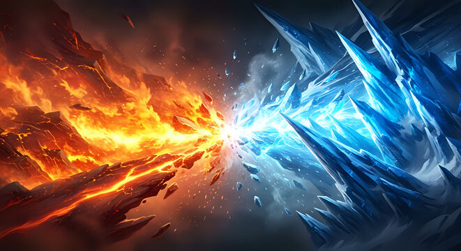 Epic confrontation between raging fire and sharp ice crystals, dramatic clash of elements, intense energy battle, abstract fantasy art