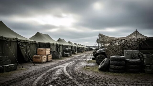 Military field camp with tents and vehicle on muddy path under cloudy sky, an army base or deployment area concept