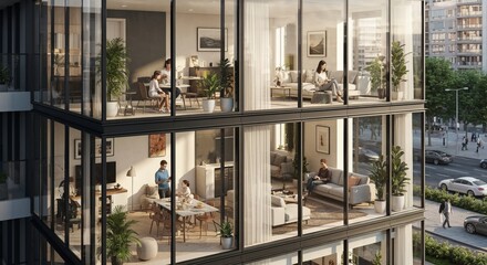 Modern Luxury Apartment Residence Lifestyle in Chic High Rise Overlooking a Bustling Cityscape
