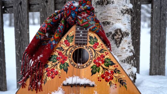 Balalaika with traditional scarf stands in snowy winter landscape against birch tree and fence