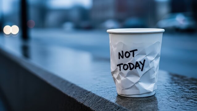 Crumpled coffee cup with "Not today" message on a rainy street  