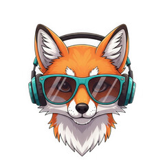 A cartoon fox wearing headphones and sunglasses on transparent background