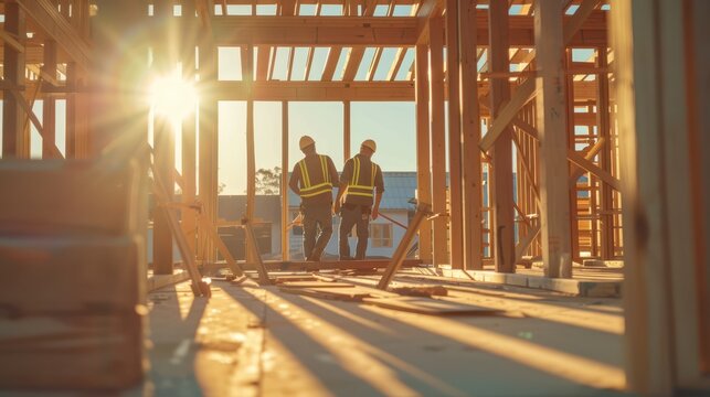 Construction workers building house frame at golden hour sunset