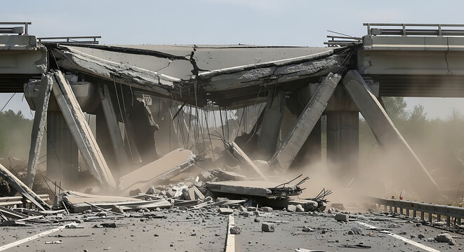 Collapsed bridge with debris scattered across highway during daytime from a frontal viewpoint showing destruction
