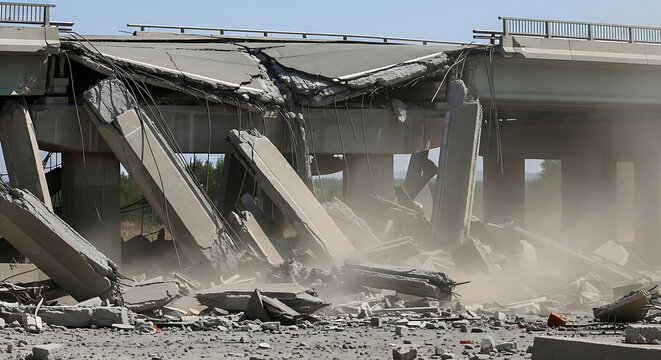 Demolition of a bridge with concrete debris and dust, showing destruction and demolition site, from a frontal viewpoint
