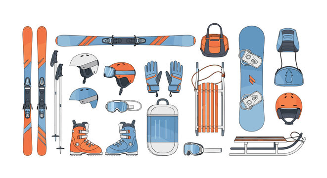 Essential gear and equipment for a winter skiing adventure Vector