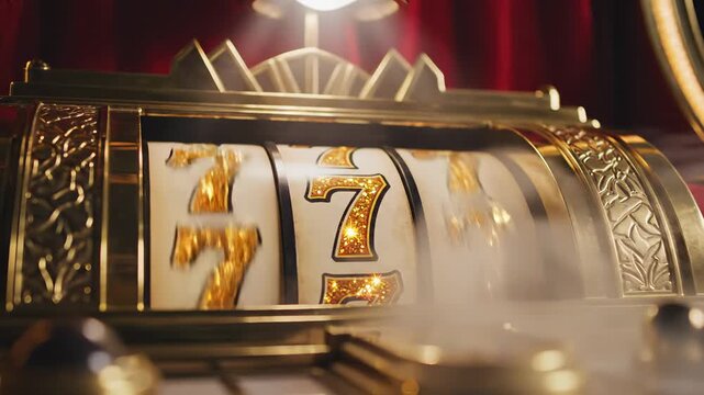 Golden slot machine reels spin and land on triple sevens. Glittering numbers glow under dramatic lighting. Symbol of big win and luck.
