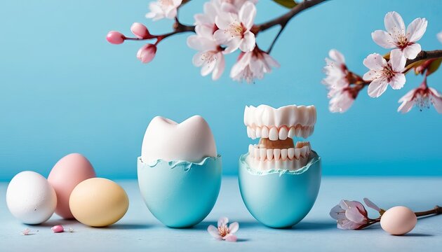 A creative Easter still life with dental teeth models emerging from blue eggs surrounded by blossoms and colorful eggs