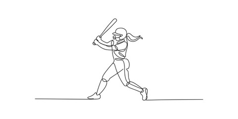 Fototapeta premium A female softball player swinging a bat in a continuous single line art illustration