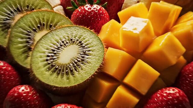 Fruit tart arranged on a marble countertop in a modern kitchen setting