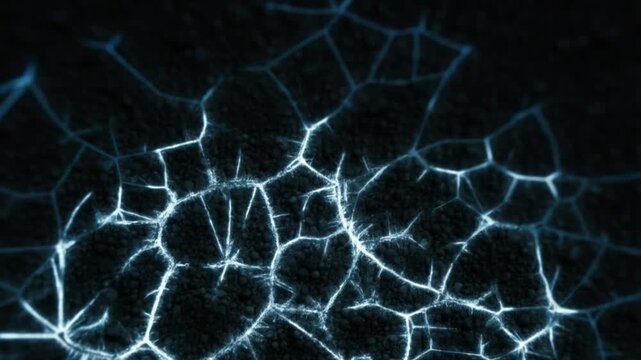Glowing fungal mycelium network growing and pulsing with light in rich black soil representing organic connections concept of decentralized networks and biotechnology