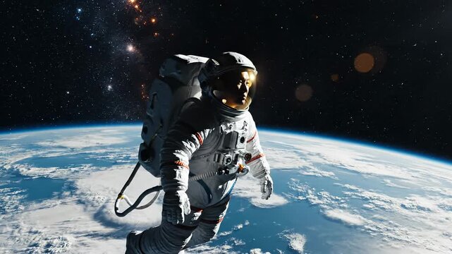 Astronaut floats above Earth in outer space. Sunlight reflects off the helmet visor. Deep space exploration theme.