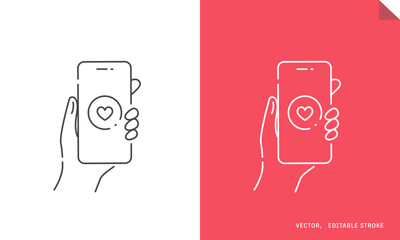 手に持ったスマホに表示されたマッチングアプリのベクターアイコン (線画･モノクロ･アウトライン) Editable stroke