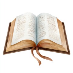 Watercolor cartoon clipart of open bible on white background for religious education and design