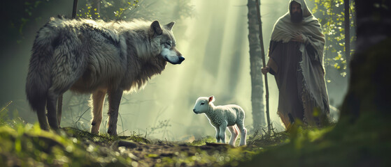 Naklejka premium Symbolic forest scene with a wolf facing a lamb as a spiritual shepherd watches nearby. Allegory of faith, protection, danger and moral choice expressed through nature and light.