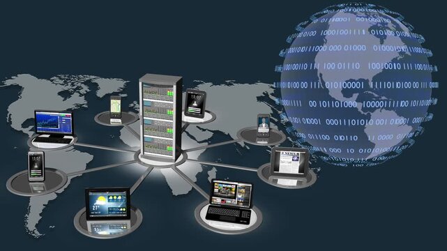 Filmato. Illustrazione 3D. Sfondo mondo digitale. Sequenza di zero e uno concetto di connessione globale tra persone, social network, e dispositivi informatici