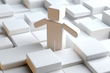 Obraz premium Worker Figure Surrounded by Floating Geometric Shapes