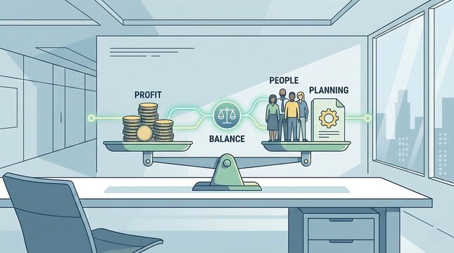 Ethical Business Leadership and Balance Concept Illustration, Modern Scales Weighing Profit Against People and Strategic Planning, Corporate Social Responsibility Banner for Web and Presentation, 4k