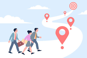 Business project way. Business team moving to goal step by step. Smart corporate plan, achieving together with colleagues. Road to results recent vector concept