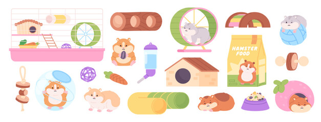Hamster tools. Fluffy cartoon hamsters and accessories. Cage, wooden tunnel and bridge, plastic tube, wheel and sphere. Rodent toys and food racy vector clipart