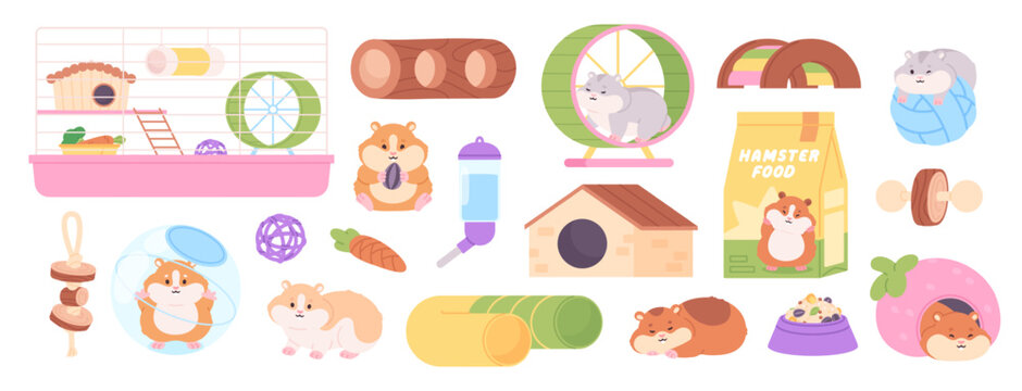 Hamster tools. Fluffy cartoon hamsters and accessories. Cage, wooden tunnel and bridge, plastic tube, wheel and sphere. Rodent toys and food racy vector clipart