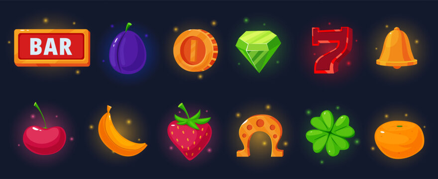 Slot machine cartoon icons. Casino lucky symbols, gambling cartoon shiny elements. Mobile online games, luck. Golden coin, fruits, clover, diamond, nowaday vector clipart