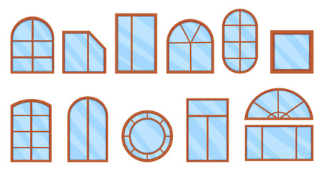 Cartoon windows. Wooden window frames, brown plastic frame. House apartment office repair elements, facade kit. Architectural design with glass, nowaday vector clipart