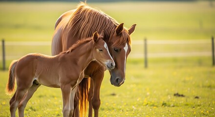 Brown Horse and Foal in Green Pasture.